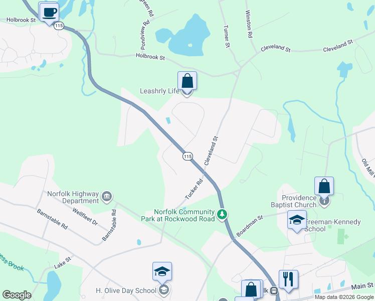 map of restaurants, bars, coffee shops, grocery stores, and more near 72 Massachusetts 115 in Norfolk