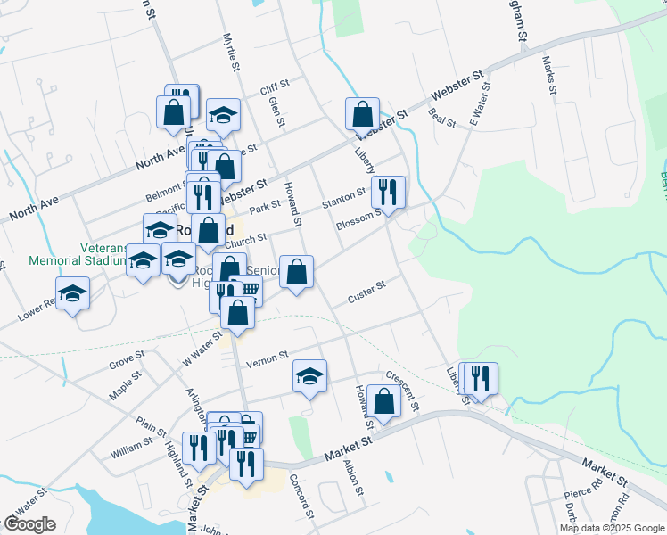 map of restaurants, bars, coffee shops, grocery stores, and more near 145 East Water Street in Rockland