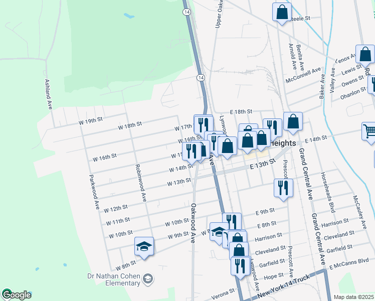 map of restaurants, bars, coffee shops, grocery stores, and more near 201 West 15th Street in Elmira