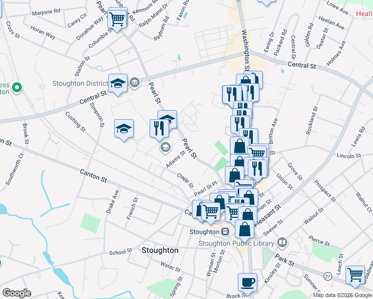 map of restaurants, bars, coffee shops, grocery stores, and more near 3 Adams Street in Stoughton
