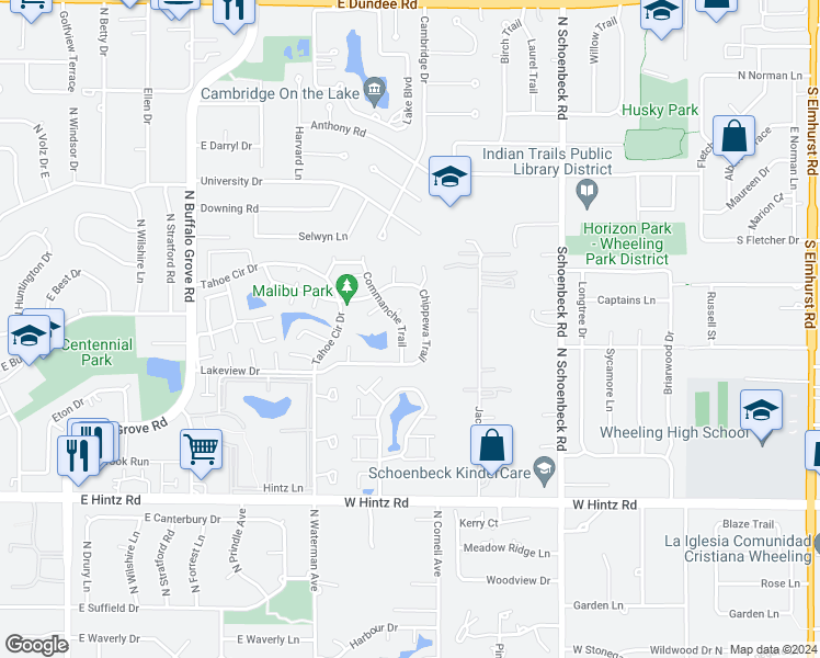 map of restaurants, bars, coffee shops, grocery stores, and more near 525 Commanche Trail in Wheeling