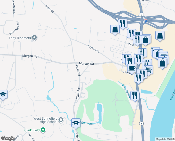 map of restaurants, bars, coffee shops, grocery stores, and more near 33 Piper Cross Road in West Springfield