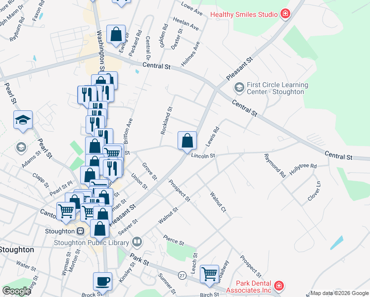 map of restaurants, bars, coffee shops, grocery stores, and more near 215 Lincoln Street in Stoughton