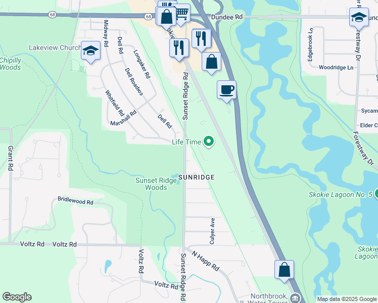 map of restaurants, bars, coffee shops, grocery stores, and more near 1253 Sunset Ridge Road in Northbrook