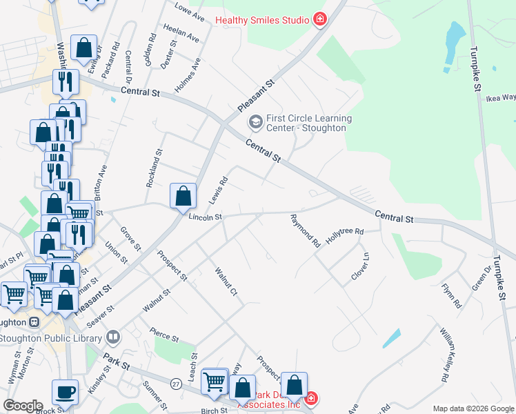 map of restaurants, bars, coffee shops, grocery stores, and more near 349 Lincoln Street in Stoughton