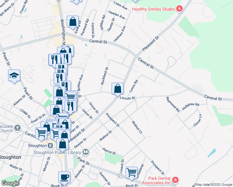 map of restaurants, bars, coffee shops, grocery stores, and more near 215 Lincoln Street in Stoughton