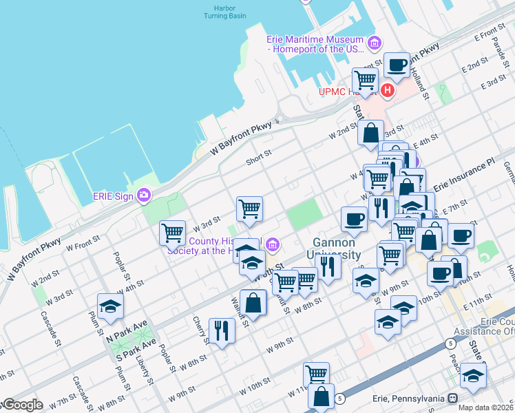 map of restaurants, bars, coffee shops, grocery stores, and more near 336 West 4th Street in Erie