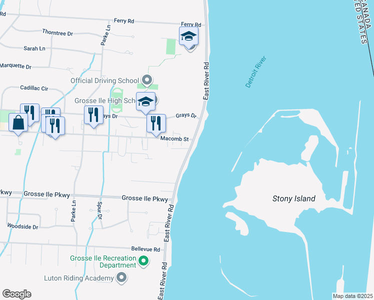 map of restaurants, bars, coffee shops, grocery stores, and more near 24390 East River Road in Grosse Ile Township