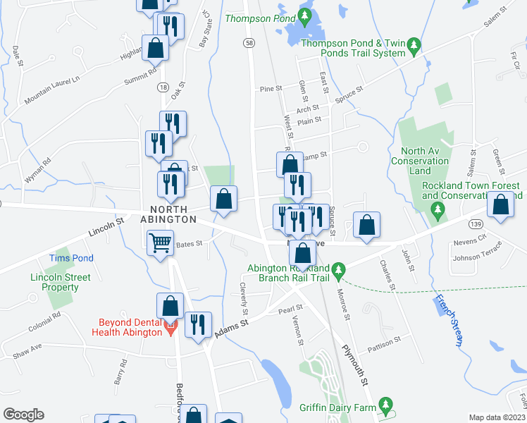 map of restaurants, bars, coffee shops, grocery stores, and more near 291 Adams Street in Abington