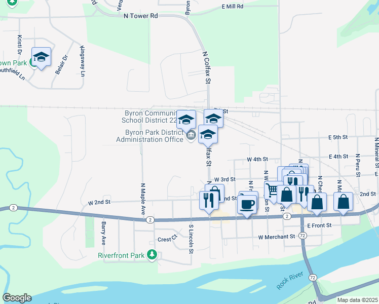 map of restaurants, bars, coffee shops, grocery stores, and more near 420 North Colfax Street in Byron