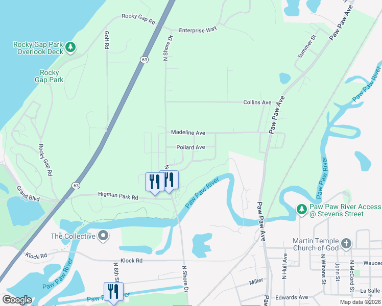 map of restaurants, bars, coffee shops, grocery stores, and more near 189 Ridgeway Court in Benton Harbor
