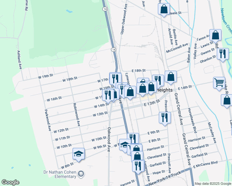 map of restaurants, bars, coffee shops, grocery stores, and more near 244 Oakwood Avenue in Elmira