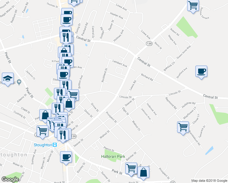 map of restaurants, bars, coffee shops, grocery stores, and more near 188 Lincoln Street in Stoughton