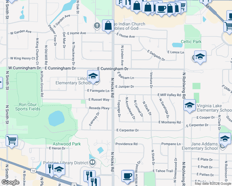 map of restaurants, bars, coffee shops, grocery stores, and more near 972 Topanga Drive in Palatine