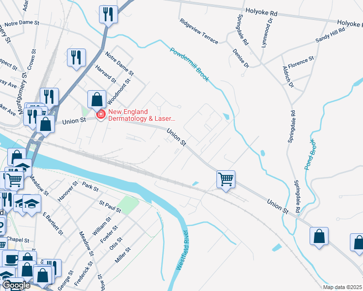 map of restaurants, bars, coffee shops, grocery stores, and more near 119 Union Street in Westfield