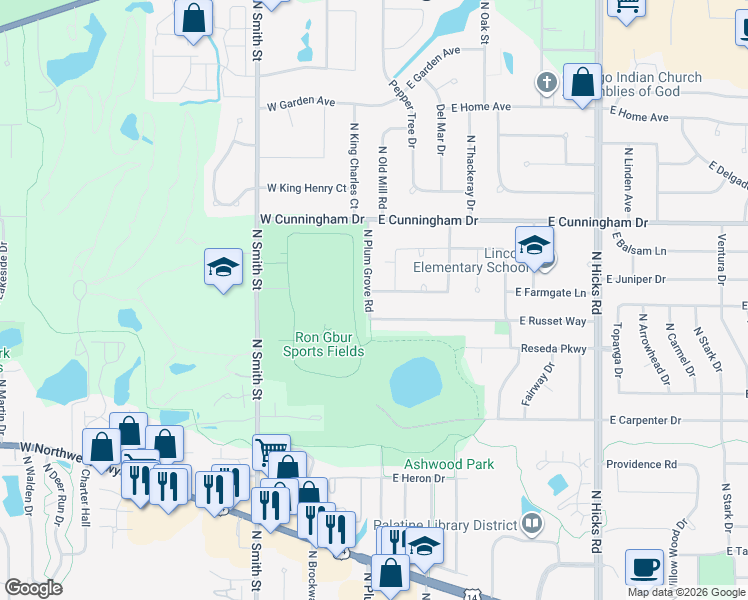 map of restaurants, bars, coffee shops, grocery stores, and more near 6 East Russet Way in Palatine