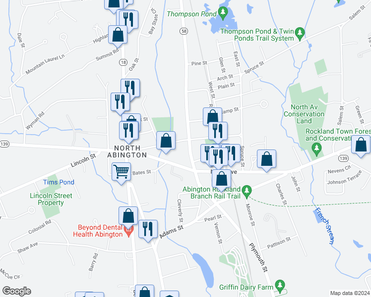 map of restaurants, bars, coffee shops, grocery stores, and more near 298 Adams Street in Abington