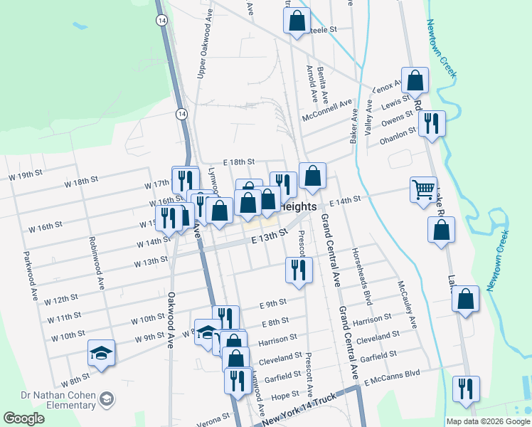 map of restaurants, bars, coffee shops, grocery stores, and more near 251 East 14th Street in Elmira Heights