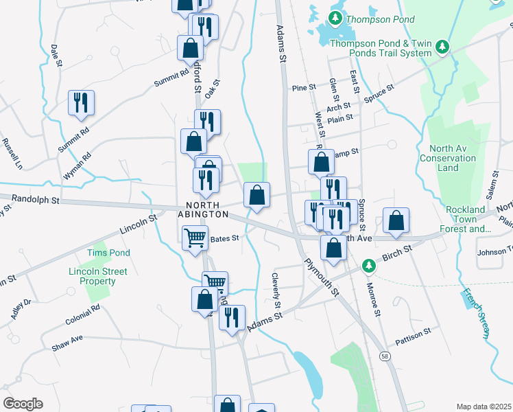 map of restaurants, bars, coffee shops, grocery stores, and more near 66 North Avenue in Abington