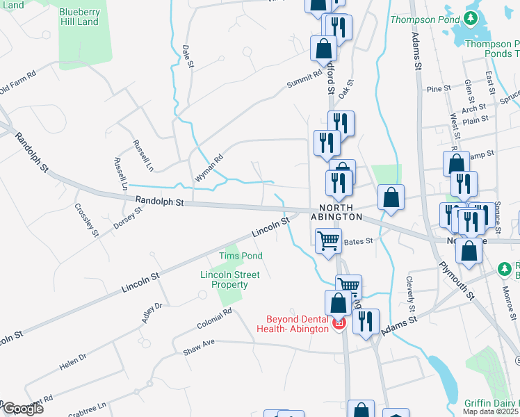 map of restaurants, bars, coffee shops, grocery stores, and more near 77 Lincoln Street in Abington