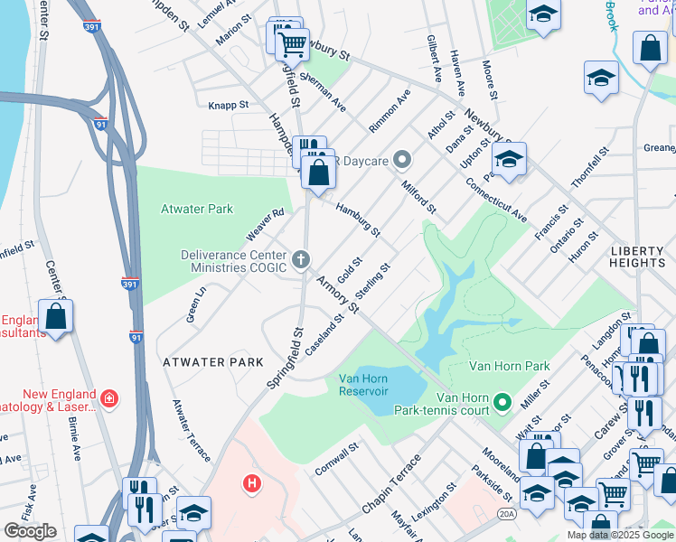 map of restaurants, bars, coffee shops, grocery stores, and more near 11 Gold Street in Springfield