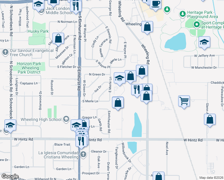 map of restaurants, bars, coffee shops, grocery stores, and more near 515 East Merle Lane in Wheeling