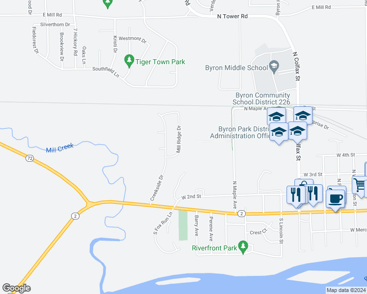 map of restaurants, bars, coffee shops, grocery stores, and more near 403 Mill Ridge Drive in Byron