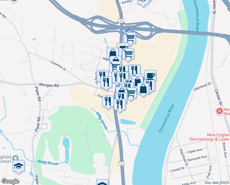 map of restaurants, bars, coffee shops, grocery stores, and more near 4 Morgan Road in West Springfield