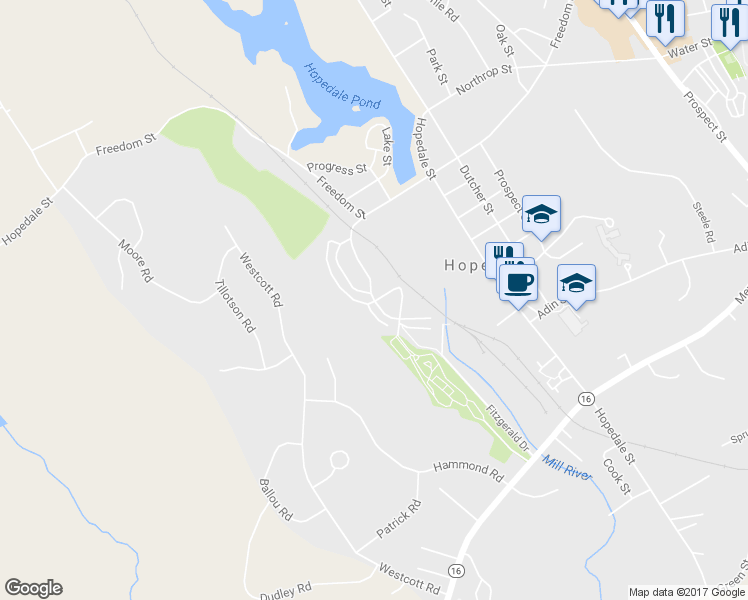 map of restaurants, bars, coffee shops, grocery stores, and more near 14 Hope Street in Hopedale