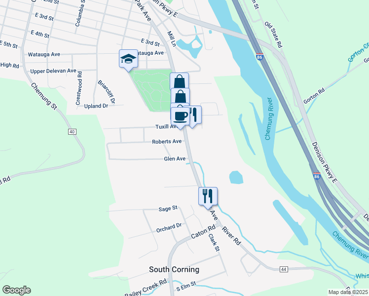 map of restaurants, bars, coffee shops, grocery stores, and more near 1-5 Glen Avenue in South Corning
