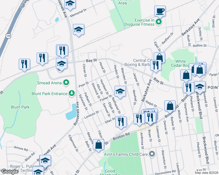 map of restaurants, bars, coffee shops, grocery stores, and more near 17 Alice Street in Springfield