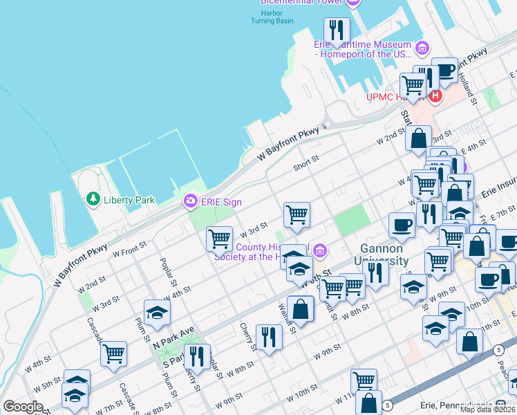 map of restaurants, bars, coffee shops, grocery stores, and more near 432 West 3rd Street in Erie