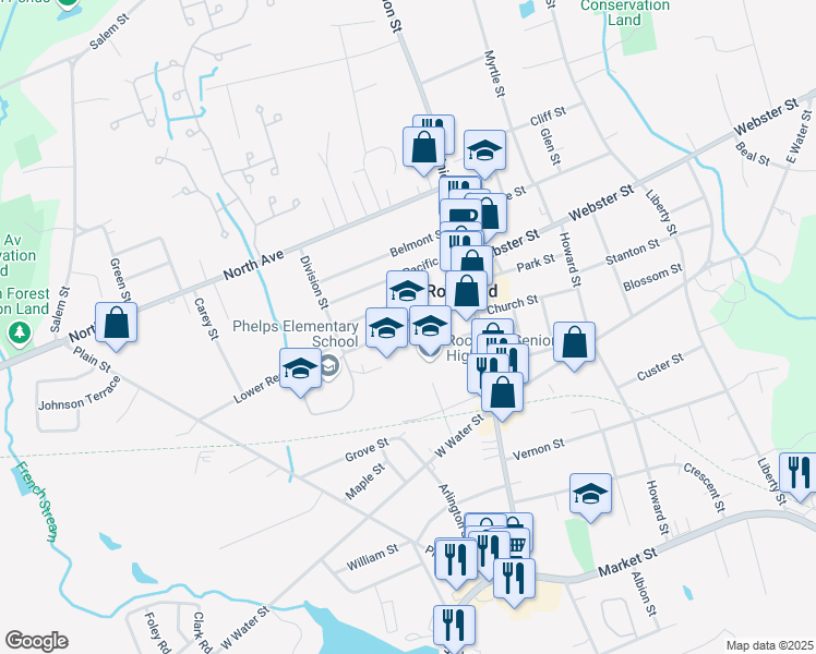 map of restaurants, bars, coffee shops, grocery stores, and more near 100 Taunton Avenue in Rockland