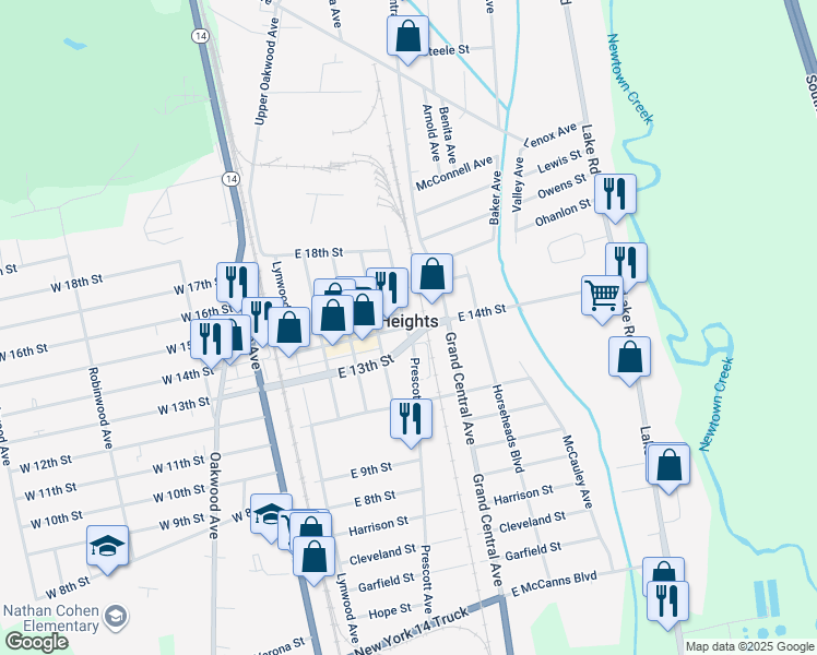map of restaurants, bars, coffee shops, grocery stores, and more near 335 East 14th Street in Elmira Heights