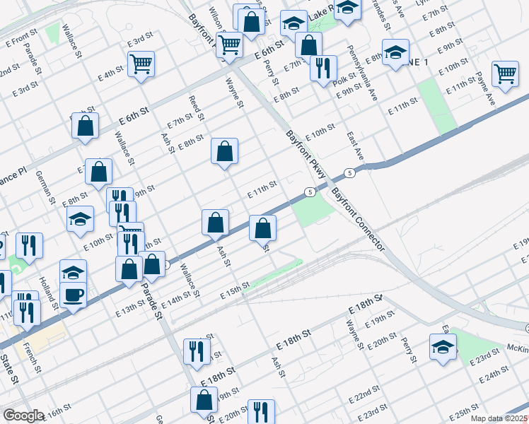 map of restaurants, bars, coffee shops, grocery stores, and more near 722 East 12th Street in Erie