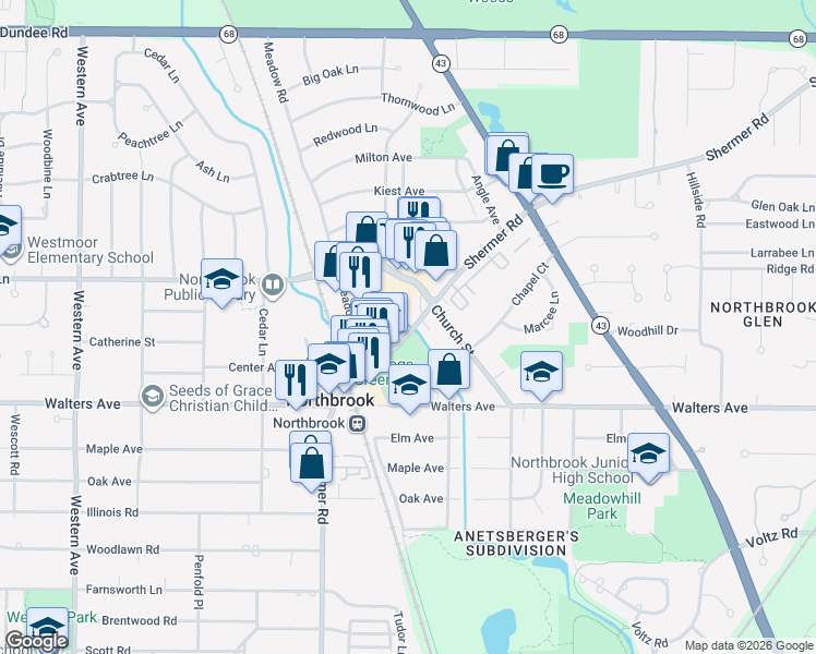 map of restaurants, bars, coffee shops, grocery stores, and more near 1314 Shermer Road in Northbrook