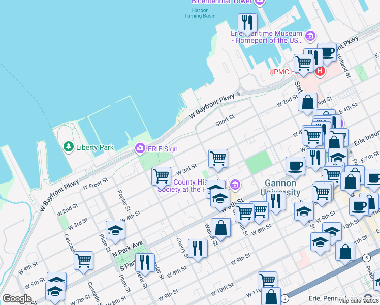 map of restaurants, bars, coffee shops, grocery stores, and more near 432 West 3rd Street in Erie
