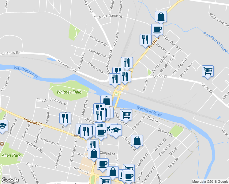 map of restaurants, bars, coffee shops, grocery stores, and more near 0 Massachusetts Route 10 in Westfield