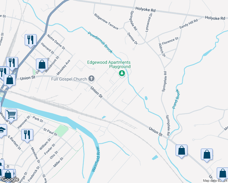 map of restaurants, bars, coffee shops, grocery stores, and more near 263 Lower Sandyhill Road in Westfield