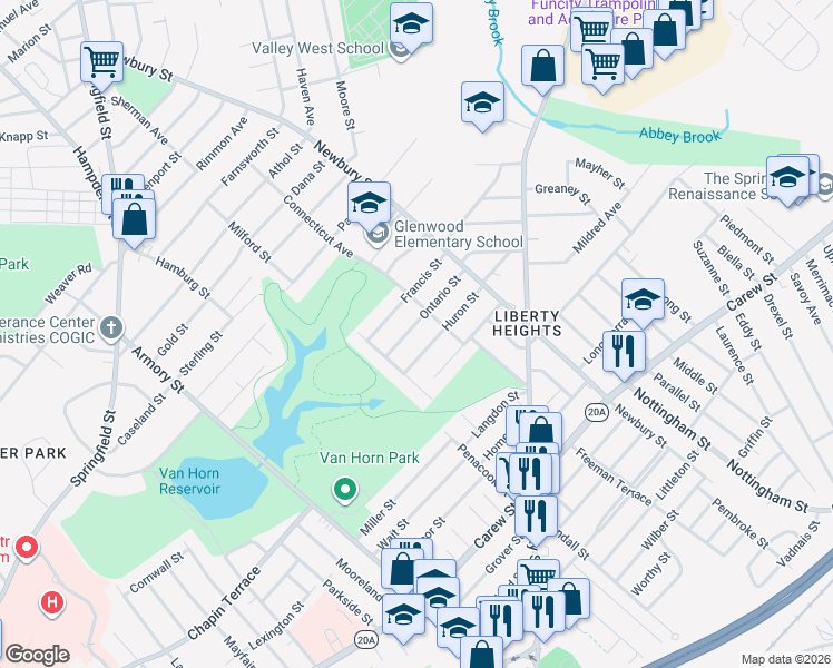 map of restaurants, bars, coffee shops, grocery stores, and more near 59 Saint Lawrence Avenue in Springfield