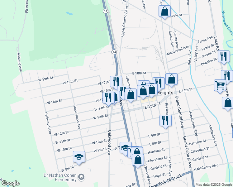 map of restaurants, bars, coffee shops, grocery stores, and more near 248 Oakwood Avenue in Elmira