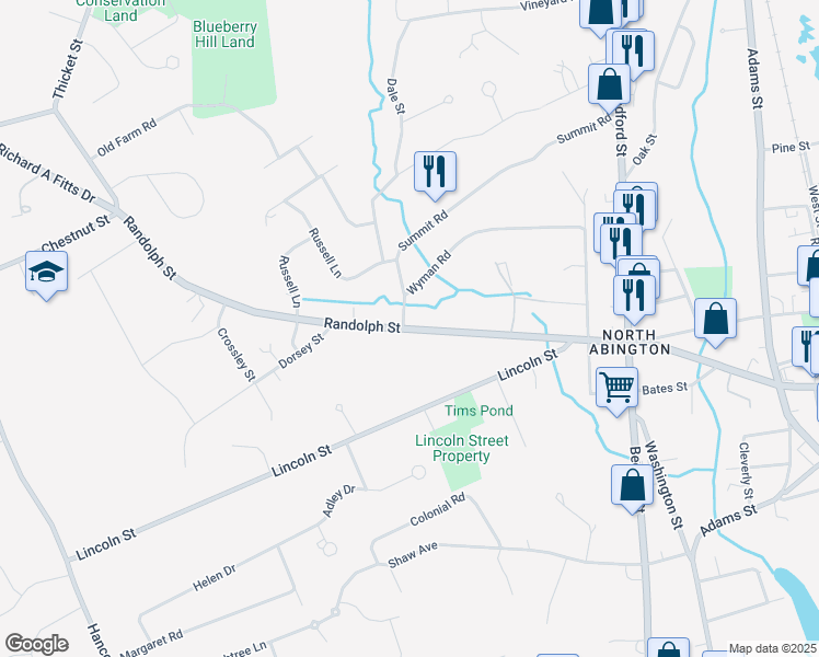 map of restaurants, bars, coffee shops, grocery stores, and more near 221 Randolph Street in Abington