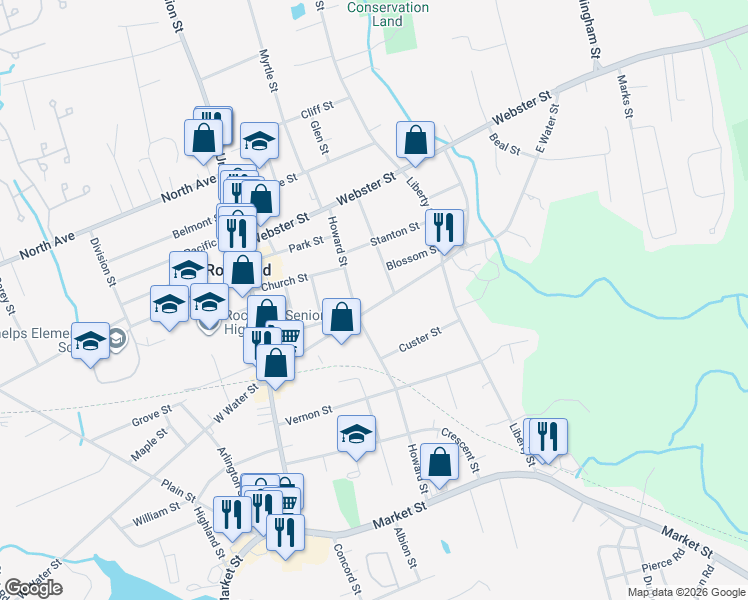 map of restaurants, bars, coffee shops, grocery stores, and more near 146 East Water Street in Rockland