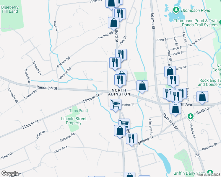 map of restaurants, bars, coffee shops, grocery stores, and more near 33 Temple Street in Abington
