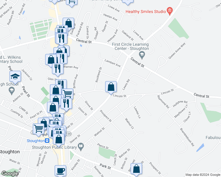 map of restaurants, bars, coffee shops, grocery stores, and more near 215 Lincoln Street in Stoughton