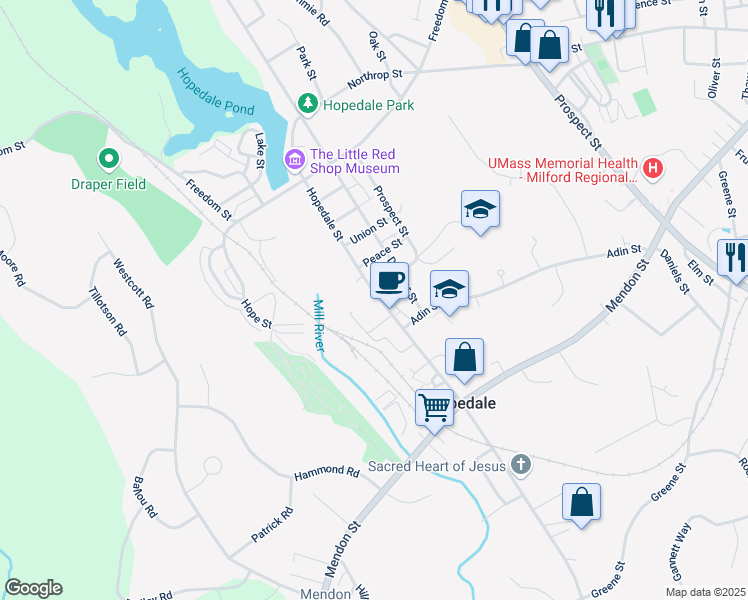 map of restaurants, bars, coffee shops, grocery stores, and more near 7 Depot Street in Hopedale