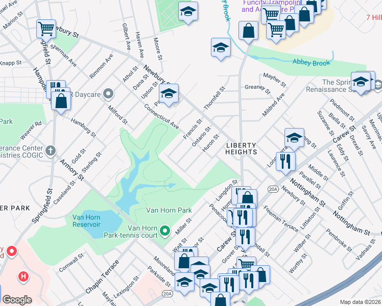 map of restaurants, bars, coffee shops, grocery stores, and more near 59 Saint Lawrence Avenue in Springfield