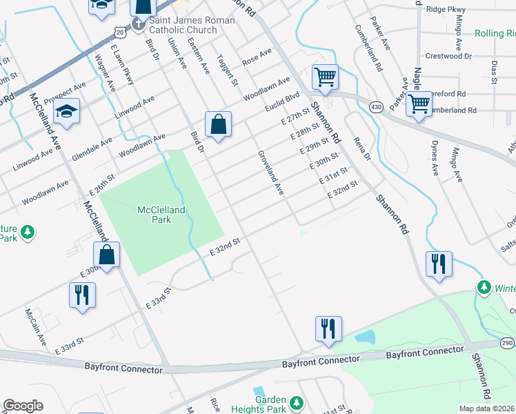 map of restaurants, bars, coffee shops, grocery stores, and more near 2742 East 32nd Street in Erie