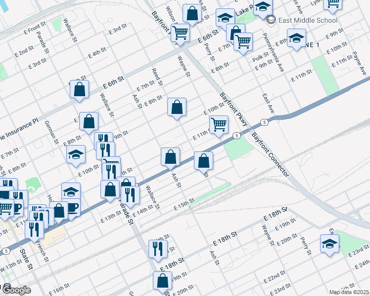 map of restaurants, bars, coffee shops, grocery stores, and more near 636 East 12th Street in Erie