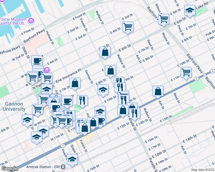 map of restaurants, bars, coffee shops, grocery stores, and more near 301-355 E 9th St in Erie